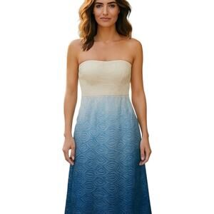 Women's 12 Blue Strapless Lacey Maxi BOHO Sun Dress Miss Size Large L